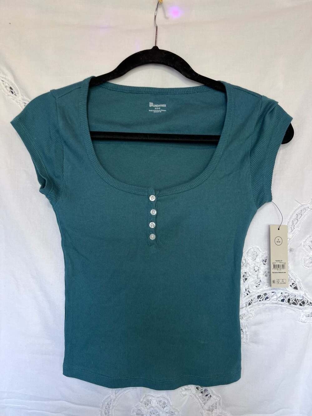 No Boundaries Ribbed Henley Tee in Teal Quartz, NWT